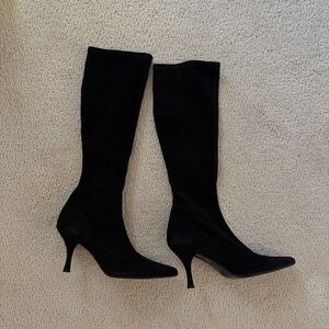 Stuart Weitzman Black Suede Knee High Sock Boots Kitten Heel Size 8